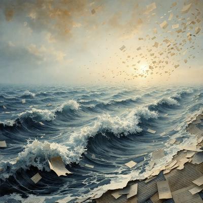 The primary subject of the image is a painting of a wave with a sunset in the background. The setting is a vast ocean, and the visual style is a combination of digital art and illustration. The colors and mood of the painting are warm and serene, with the sunset creating a sense of tranquility.